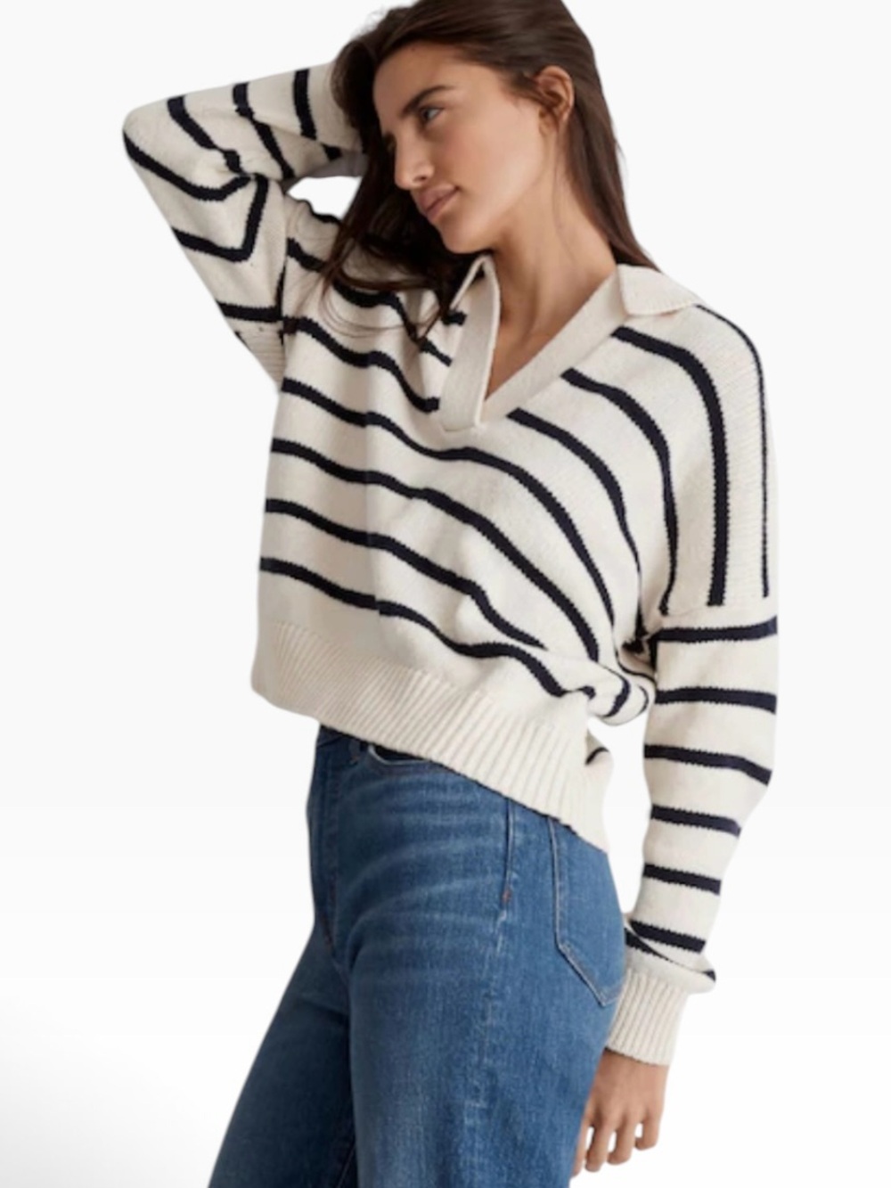 Madewell Dedham Striped Polo Sweater Anique Cream Stripe Size Small - Picture 2 of 8